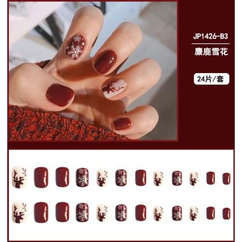 Lamemoria 24PCS/box Winter Elk False Nail Tips Press on Nails Cartoon Full Cover Self Fake Nail Art for Girls Manicure Tips