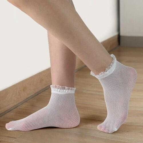 Summer Thin Socks 2021 New Fashion Hollow Out Mesh Ankle Socks for Women Ruffled Sexy Lace Fishnet Sock Black White Woman