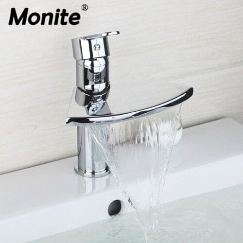 Monite Solid BrassPolished Chrome Brass Waterfall Faucet Bathroom Basin Faucet Vanity Sink Mixer Tap Wide Spout