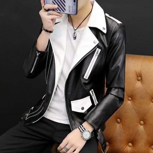2021 Mens Slim Spring Lapel Rivet Leather Jacket Youth New Oblique Zipper Casual PU Leather Jacket