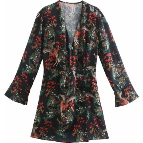 New Pop Women Chinese-style Printed Dress V-neck Long Sleeves Short Dress Vintage Elegant Chic Lady Vogue Woman Dresses