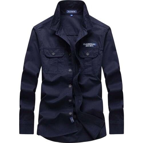 Autumn Spring Solid Color Shirt Long Sleeve with Front Pocket Men Military Casual Shirts Cotton Male Clothes Plus Size 4XL