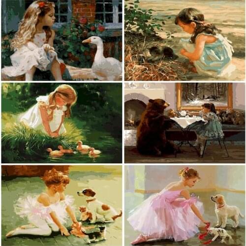 PhotoCutom Oil Painting By Numbers Girls animals DIY Paint By Numbers On Canvas Figure 60x75cm Frameless Draw Number Home Deco