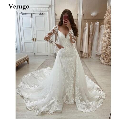 Verngo Elegant Lace Applique Mermaid Wedding Dress With Detachable Train V Neck Long Sleeves Bridal Dresses Vestido de novia
