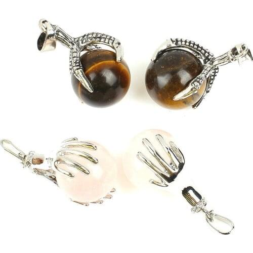 2pcs 20x30mm Necklace Pendants Natural Semi-precious Stone Tiger Rose Quartz Claw Ball Alloy Insert Round Pearl Pendant