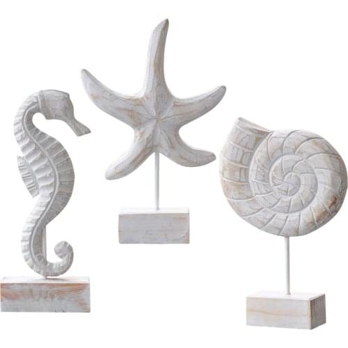 Mediterranean Style Wood Carving Marine Home Decor Wood Crafts Starfish Conch Hippocampus Desktop Decoration Nice Gifts 3 Types