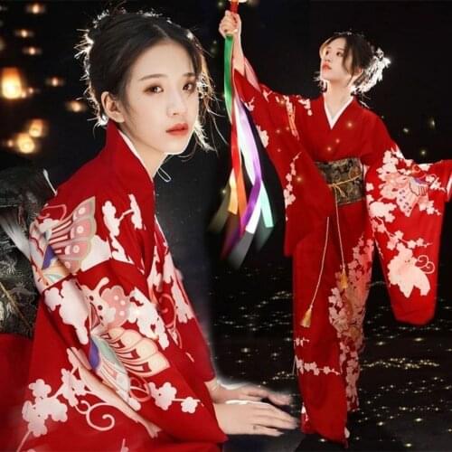 Traditional Japanese Women Yukata Kimono Gown Vintage Red Evening Party Dress Print Flower Classic Geisha Dancing Robe Gowns