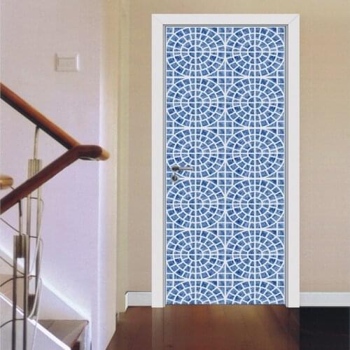 Creative PVC 3d Vinyl Wallpaper DIY Blue Pattern Wallpaper Mural Artist Door Cover 77*200cm Kitchen Wall Decals Decor Kids Wall
