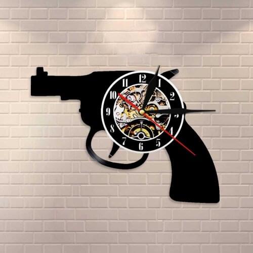 LP Record Gun Vinyl Wall Clock Revolver Design Vintage 3D Creative Art Wall Living Room Decoration Handmade Wall Watch