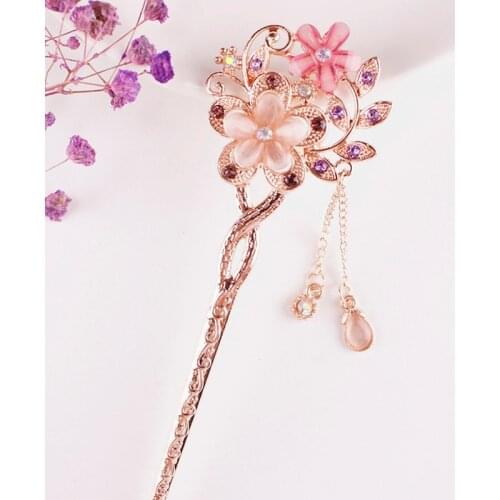 1PCS Cat Eye Stone Hair Pin Double Flower Hair Clip Classical Hairpin Barrette Hair Accessories national wind headweard