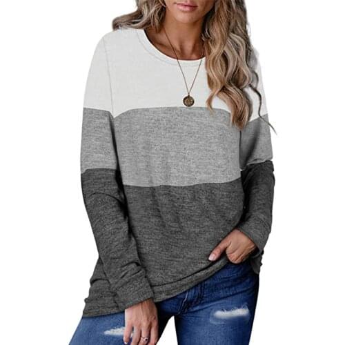 Women Autumn Casual Long Sleeve T-Shirt Color Block Patchwork Round Neck Stretch Wild Basic Shirt Ladies Daily Leisurewear Top