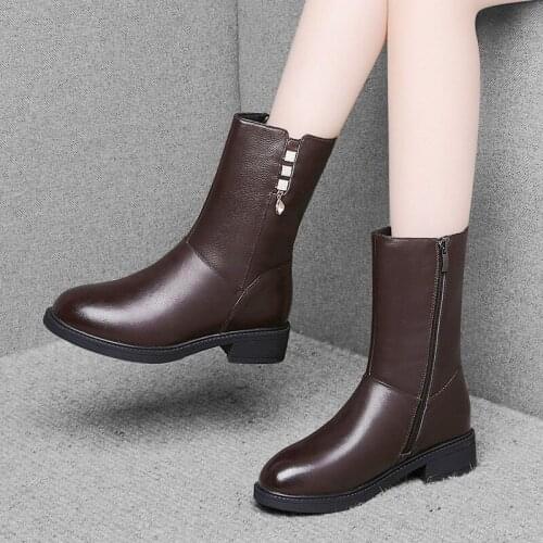 Women Shoes Mid Calf 2021 Autumn British Genuine Leather Thick High Heels Ladies Black Boots Motorcycle Martin Trend Shoes M0044