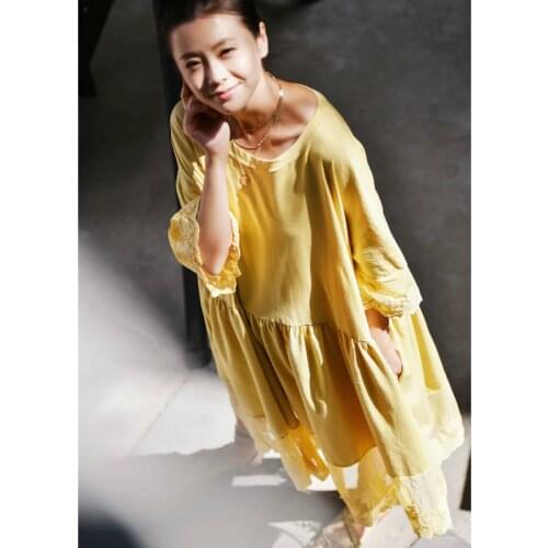 MICOCO Q9925 Artistic lace patchwork loose versatile short-sleeved base wear dress women