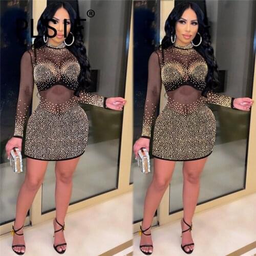 European Fashion O Neck Rhinestone Mini Dress Full Sleeve Party Club Elegant Dress Women Vestidos