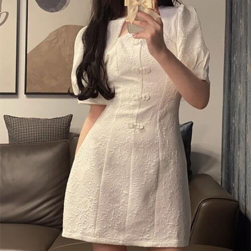 Women Summer Sexy Bodycon Party Dating Simple Elegant Casual Design White Black Mini French Chinese Cheongsam Puff Sleeve Dress