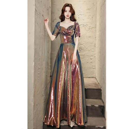 Sequins Elegant V-Neck Evening Dress Short Sleeves Pleat Simple Zipper Back Floor-Length A-Line Woman Formal Party Gowns A774