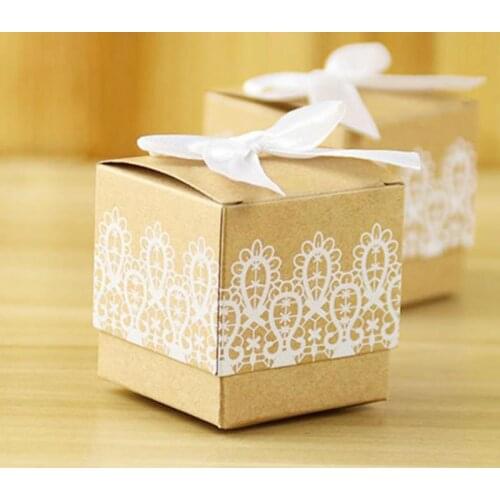 100pcs Flower Kraft Paper with Ribbons Square Candy Box European Sugar Boxes Cajitas De Regalo Boda Caja Papel Kraft Christening