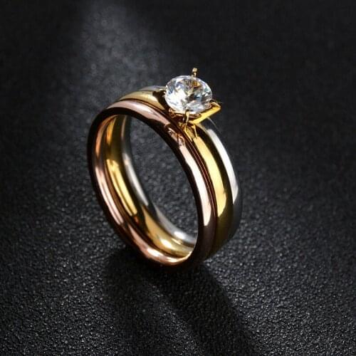 3 Pcs/set Charm Ring Stainless Steel Rose Gold Silvery Clear Zircon Crystal Womens Ring Sets Valentines Day Wedding Bands