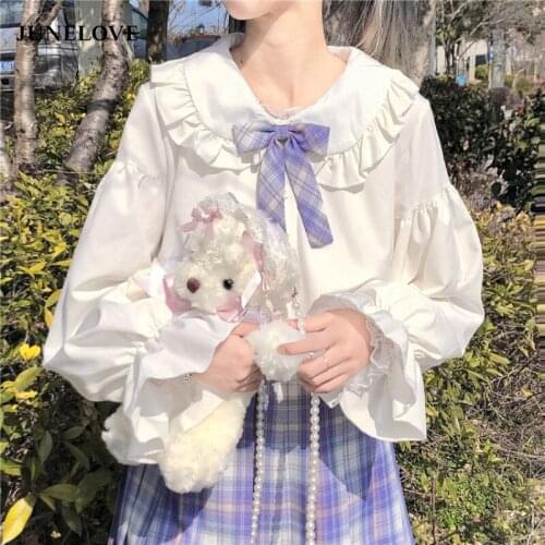 JuneLove Japanese Kawaii White Chiffon Blouses Women College Sweet Peter Pan Collar Shirts Holiday Outdoor Ruffle Tops Summer