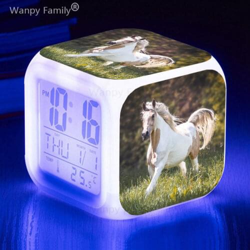 White Horse LED Digital Alarm Clock Watch Table Electronic Desktop Clocks For Kids Room Multifunctional Luminous Alarm Clock