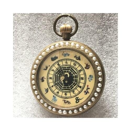 Pure copper Mona Lisa pocket watch with pearls inlaid with eight diagrams twelve zodiac mechanical pocket watch table clock