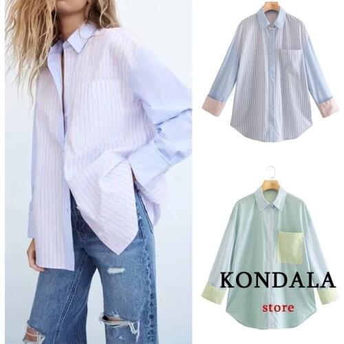 KONDALA Za 2021 Fashion Autumn Striped Print Casual Women Shirts Long Sleeve Pockets Vintage Blouses Streetwear Mujer Tops