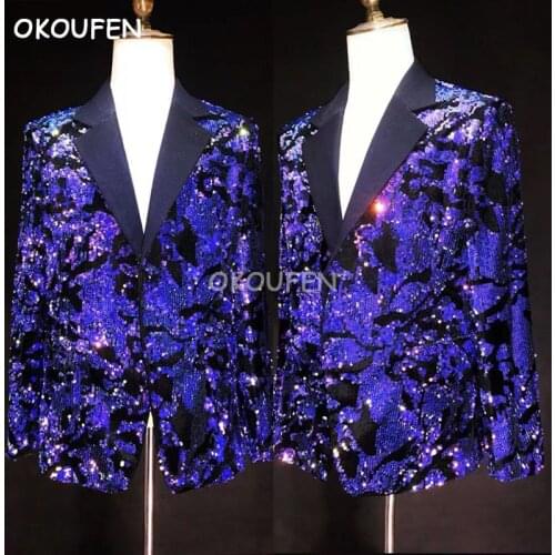 Suit jacket clothing nightclub male singer dj metallic color fashion blue purple performance clothing party show dancer dress