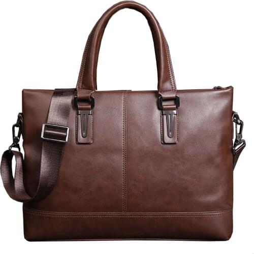 Fashion Men Leather 15 inch Briefcase Business Shoulder Bag Thick Leather Messenger Bag Computer Laptop Handbag Mens Daily Bags