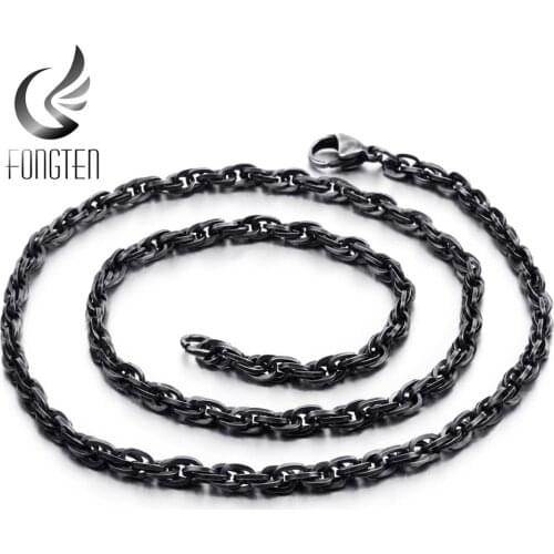 Fongten Vintage Link Chain Necklace Black Stainless Steel Punk Long Chain Men Necklaces Fashion Jewelry