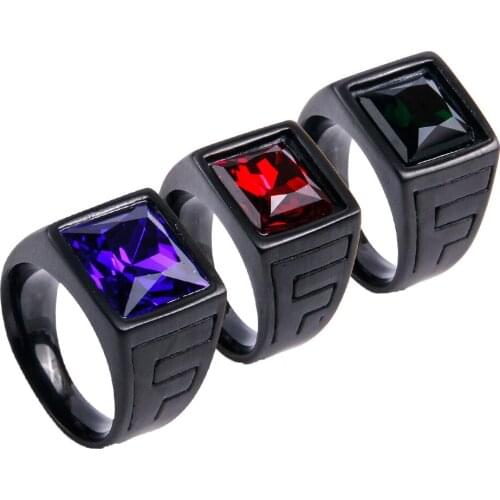 New Vintage Men Ring Titanium Stainless Steel Red Black Green Square Stone Finger Ring Punk Hiphop Male Jewelry Party Gift