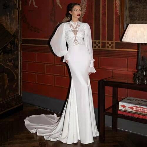 Maid of honor sequins soft satin 2021 long sleeves princess bride party dress with buttons to measure