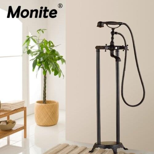 ORB Bathtub Basin Sink Shower Set Triple Handle Control Valve Hand Spray Black Floor Monted Shower Faucet Tap Mixer Faucet