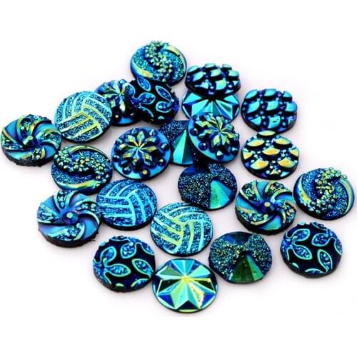 New Fashion 40pcs 12mm Mix Blue Colors Flower Style Flat back Resin Cabochons Cameo