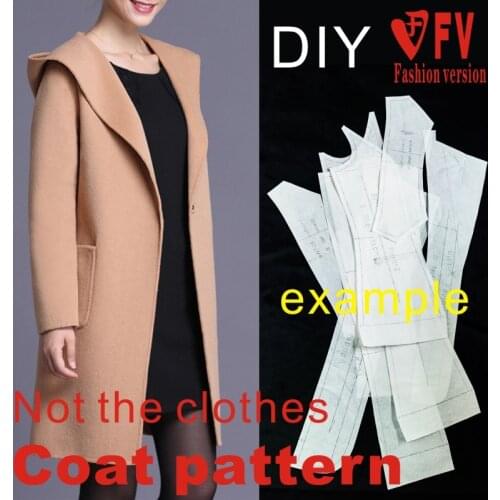 Garment 1:1 Pattern Ladies Hooded Mid-length Double-sided Wool Fleece Coat Sewing Design Drawing BY-147