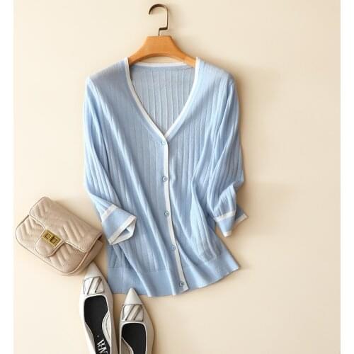 Autumn new styles fashion women 100% cashmere cardigan contrast v neck outwear ribbed knited long sleeve stripe sweater