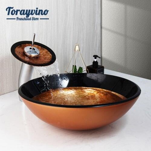 Luxury Victory Vessel bathroom washbasin Tempered Glass sink hand painted With Waterfall Faucet Sets Countertop Sinks W/Drian