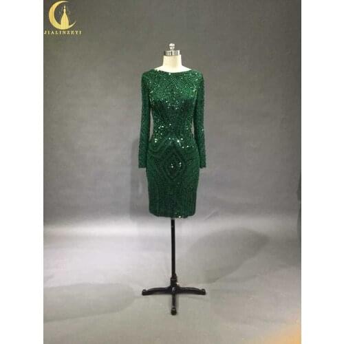 Real Pictures Sexy Long Sleeves Deep Green Beads Chiffon New Arrival Knee Length Beach Hot Sale Party Prom Dresses 2021