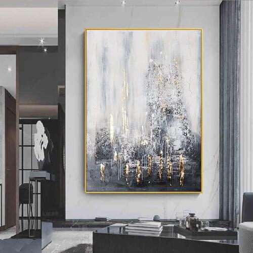 Modern wall art painting abstract Handmade Oil Painting Gold And Gray Hanging Picture For Living Room Bedroom Hotel Unframed