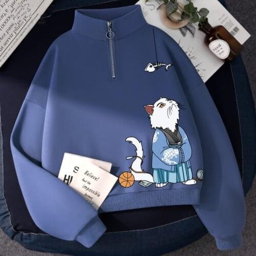 Streetwear Hoodies Zipper Tops Long Sleeve Autumn Casual Kawaii Cute Cat With Fish Cartoon Sweatshirts Loose Moletom Feminino