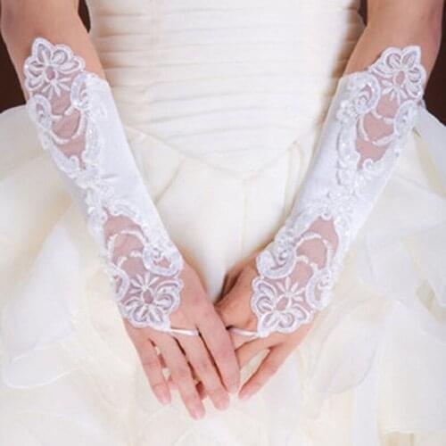 1 Pair Women Bridal Long Gloves Fingerless Lace Glitter Sequins Solid Color Length Mittens Hook Finger Wedding Party