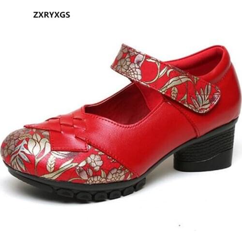 2021 New Spring Round Toe Classic Print Genuine Leather Shoes Red Wedding Shoes Soft Sole High Heels Elegance Women Black Shoes