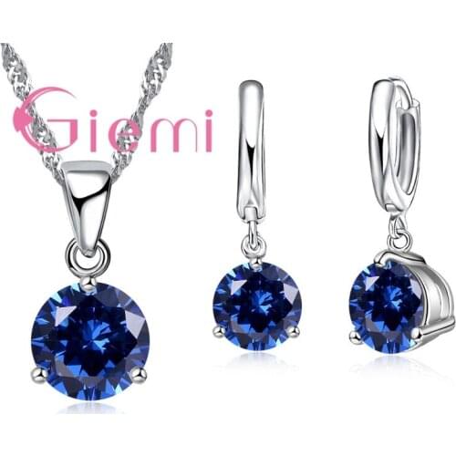 8 Colors925 Sterling Silver Wedding Elegant Jewelry Sets Crystal Pendant Collar Necklace Earrings Women Engagement Set