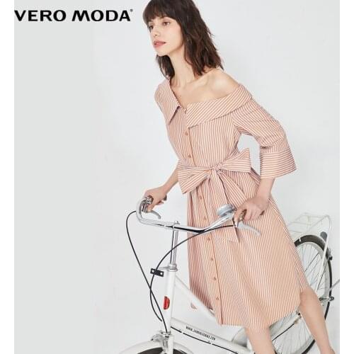 Vero Moda Women Striped 3/4 Sleeve Button Inclined Shoulder Shirt Dress | 32027C555