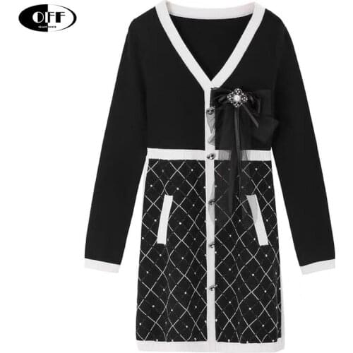 Korean Fashion Black White Mini Dress Autumn V-neck Knitting Bow Traf Buttons High Waist Long Sleeve Bodycon Short Dresses Lady