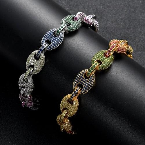 HIP HOP 5A+ Cubic Zirconia Stone Chain 12MM Iced Out CZ Multi-Colors Pig Nose Charm Link Chain Bling Necklaces Bracelet for Men
