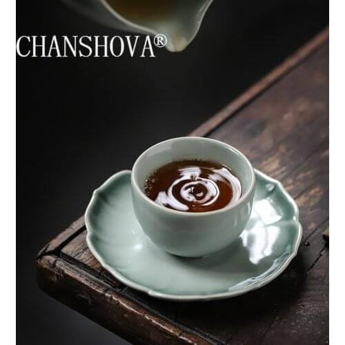 CHANSHOVA 35ml Chinese style Cyan glaze Ceramic small coffee cup saucer set teacup set Drinking Utensils China Porcelain H424