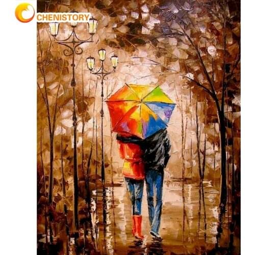 CHENISTORY Frame Picture By Numbers Kits Lovers Walk In Rain Landscape Painting By Number Handmade 40x50cm Oil Painting Artwork