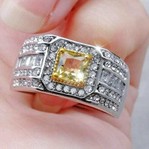 FDLK Luxury Fashion Mens Yellow Natural Crystal Ring Engagement Wedding Banquet Ring Cocktail Party Banquet Anniversary Jewelry