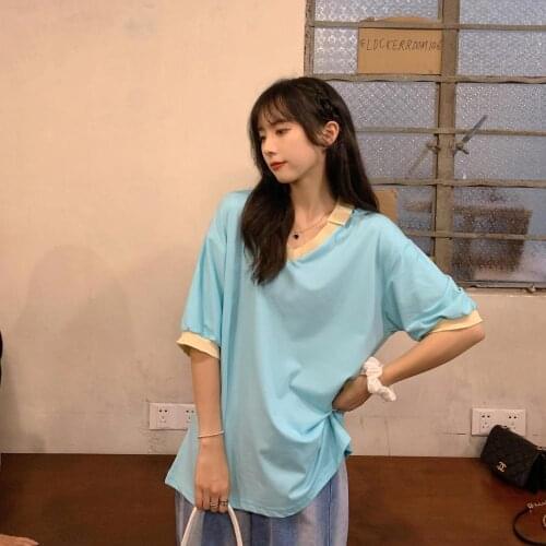 Short Sleeve T-shirts Summer Patchwork V-Neck Soft Casual Loose Womens T-shirt Clothes Women Plus Size Chic Harajuku Shirt