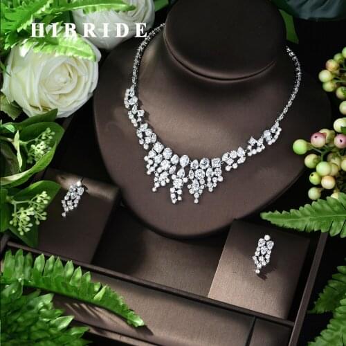 HIBRIDE Luxury Full Cubic Zircon Dubai Jewelry Set For Women Bridal Wedding Accessories White Gold Color brincos N-704